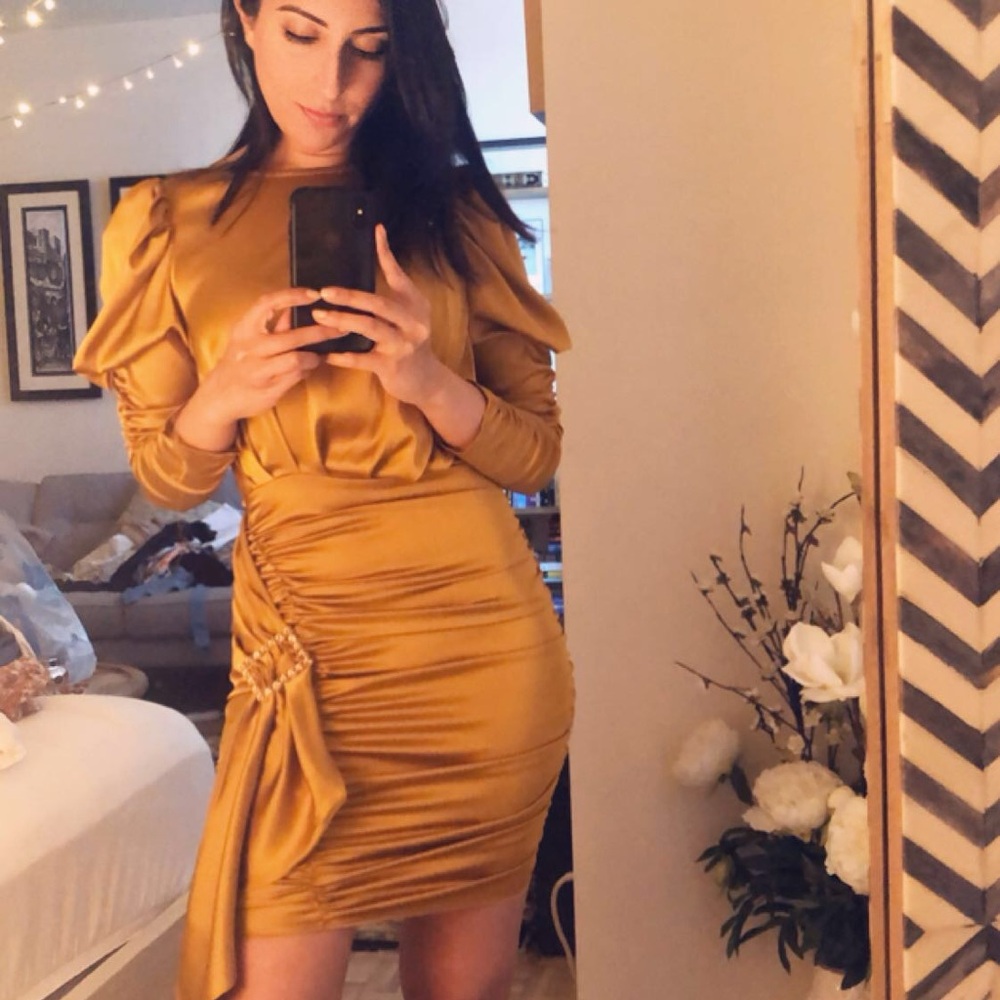 For Love & Lemons Gold Satin Ruched Mini Dress with Back Detail